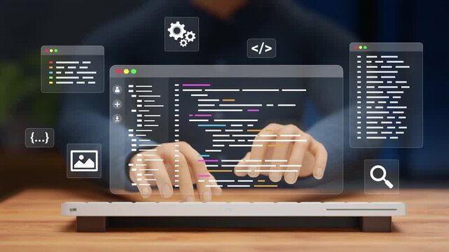 AI Coding Assistant for Developers, Programming Help, Code Debugging, Automation, Learning, Code Optimization, Error Fixing, and Smart Development Tools. Person coding on computer. 3D video animation