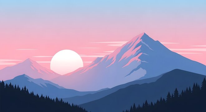 Clean vector-style illustration of layered pastel mountains with subtle sunset sky tones.