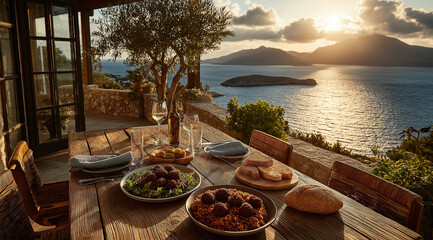 Rustic wooden table displays abundant meal overlooking tranquil coastal waters during golden hour.