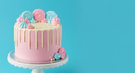 Pink Cake with White Drip Icing and Pastel Meringues on Blue Background