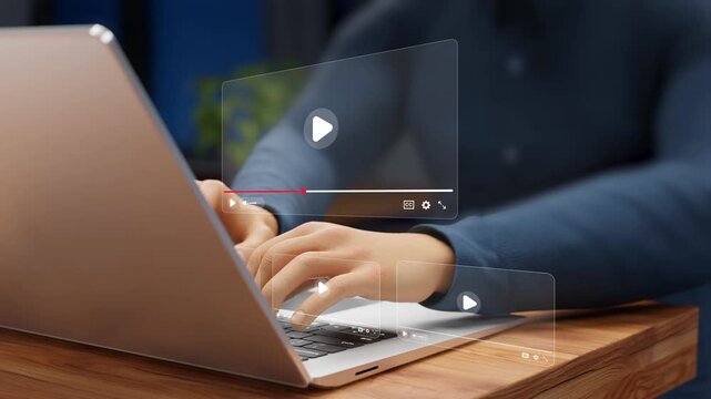 Online Education Platform, Webinars, Virtual Seminars, E-Learning Courses, Professional Training, Skill Development, and Interactive Learning. Person using laptop to learn online. 3D video animation
