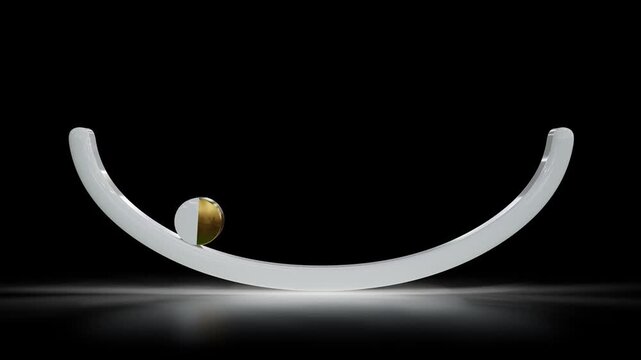 loop animation of a gold and white ceramic cylinder oscillating back and forth on a crescent-shaped ramp computer generated 3D motion graphics