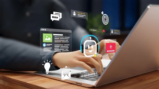 AI Automation, Business Efficiency, Workflow Optimization, Task Management, Process Automation, and Intelligent Digital Solutions. Person automating business with AI using laptop. 3D Video Animation