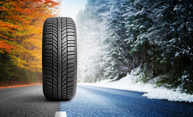 Summer tires on a road winter wheel off. Change a car seasonal tyre summer forest road with trees background. Change for winter tire. Banner Selling off. Or Background automechanic	
