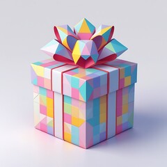 Colorful geometric gift box with ribbon, modern festive style.