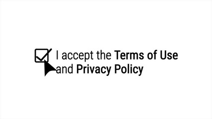 Mouse cursor clicks to accept Terms of Use and Privacy Policy. Essential for illustrating digital consent, data privacy, user agreements, and online compliance in modern websites and applications.