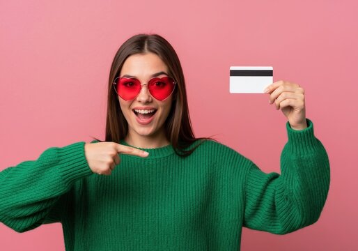 Happy excited woman in heart-shaped sunglasses holding a credit card. Cheerful young shopper pointing at herself on a pink background. Easy payment and consumerism concept