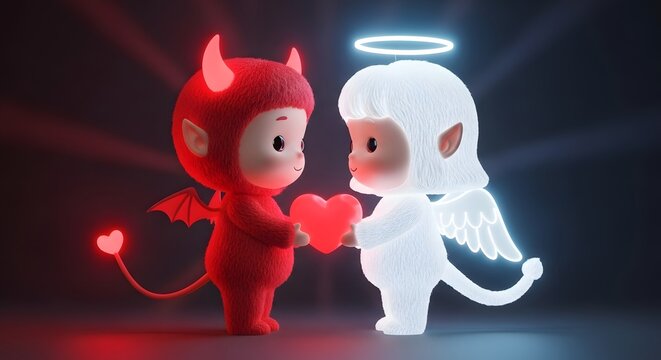 Cute devil and angel characters holding a glowing heart, representing internal moral conflict or good versus evil. Balance of opposite personalities. Fluffy cartoon figures on a dark background