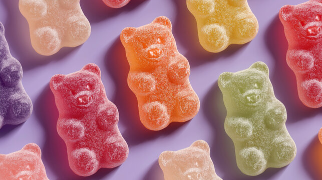 Translucent gummy bear candies display vibrant rainbow hues arranged across soft background.