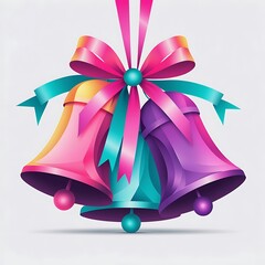 Colorful geometric Christmas bells with ribbon, soft gradient shapes.