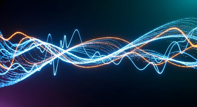 Abstract blue and orange sound wave pattern with smooth and jagged lines representing music or data. Technology and audio visualization concept. Dynamic glowing light trails over dark background