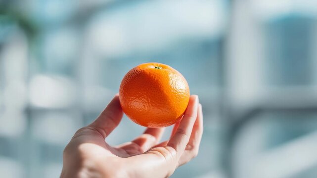 Close up of a hand holding a ripe orange with a soft, out of focus background, emphasizing the fruit's vivid color and texture. The image conveys themes of nutrition, wellness, and simplicity