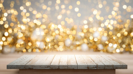Empty White Wooden Table Mockup with Bright Golden Christmas Bokeh Background, This high-impact image is ideal for New Year's Eve promotions, luxury holiday product display, or glamorous Christmas 