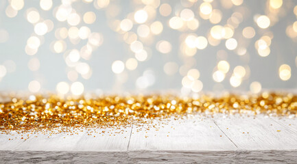 Gold Glitter on White Wooden Table with Soft Gray Bokeh Background, Ideal copy space for New Year's Eve, luxury product display, or glamorous Christmas promotions with a modern tone.