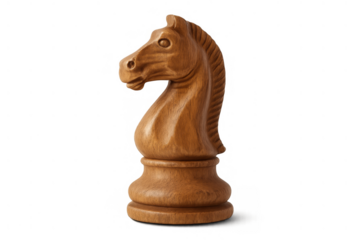 Wooden chess knight piece representing strategy, intelligence, success, and competition, isolated on a transparent background