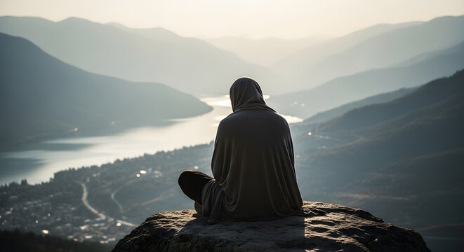 Person meditating on a mountain top overlooking a scenic valley at sunset time