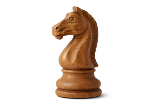 Wooden chess knight piece representing strategy, intelligence, success, and competition, isolated on a transparent background