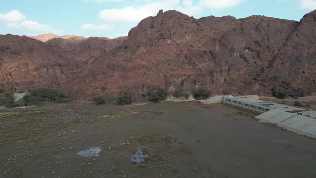 Aerial View of Al-Salf Dam and Wadi in the Aja Mountains near Ha'il, Saudi Arabia