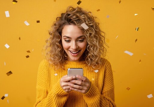 Happy excited woman looking at her smartphone under falling confetti. Young girl celebrating a win or receiving good news on a yellow background. Online promotion concept with copy space