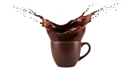 Dark coffee splash out of a brown mug isolated on transparent background