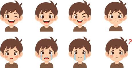 Cartoon boy emotional expressions, eight mood faces, child psychology illustration, facial emotion chart, kids feelings, educational character design
