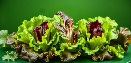 Vibrant green baby cos lettuce leaves on a matching backdrop, detail, salad ingredient