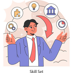 Businessman Balancing Skills and Career Development with Symbols of Innovation and Productivity Against a Soft Pink Backdrop