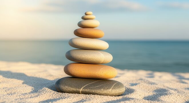 A tower of smooth pebbles carefully balanced on a sandy beach. Stack of zen stones by the sea for harmony and meditation. Stability and wellness concept - Powered by Adobe