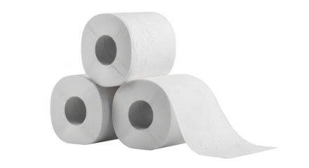Stack of three white toilet paper rolls isolated on transparent background