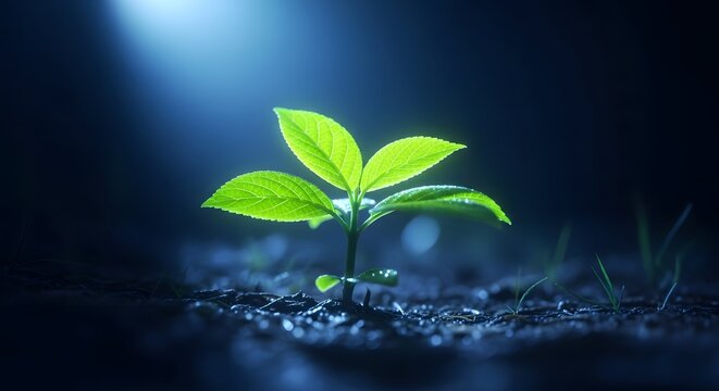 Single vibrant green seedling growing in dark soil under a spotlight. Concept of new beginnings, growth, and sustainable technology. Tiny plant illuminated by a mysterious blue and white light source.