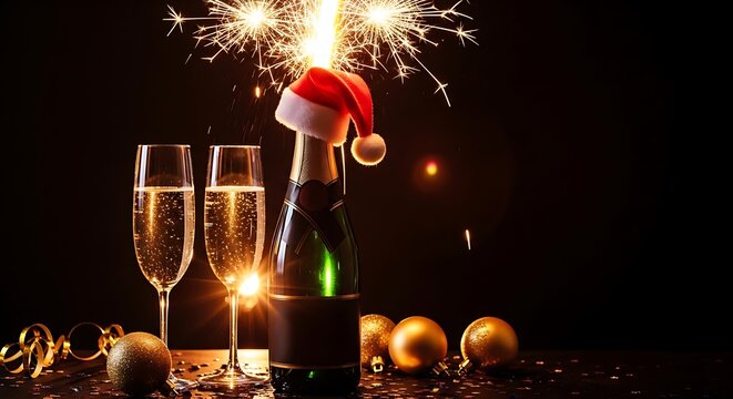 Festive new year s eve celebration with champagne santa hat and sparkling fireworks - Powered by Adobe