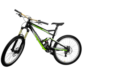 Modern green and black mountain bike with suspension system for outdoor sports and adventure cycling, isolated on transparent background, PNG.