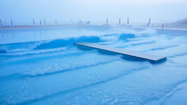 Serene Outdoor Pool Bathed in Ethereal Morning Mist