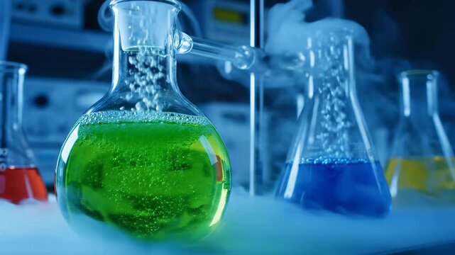 Bubbling Flasks with Colorful Liquids and Smoke in a Laboratory Setting.