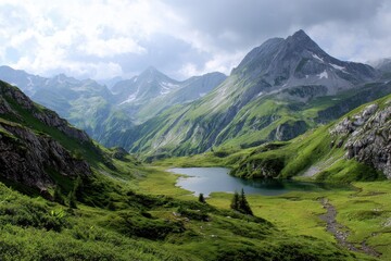Majestic Austrian mountain landscapes showcase serene lakes and lush greenery under a dramatic sky