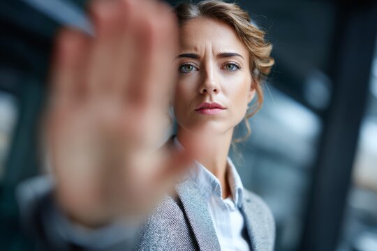 A businesswoman raises one hand in a firm stop gesture, signaling authority and assertiveness.