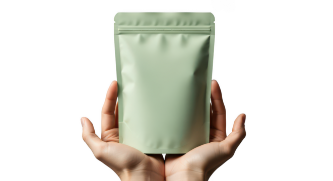 Hands holding a light green stand up pouch with zipper isolated on transparent background