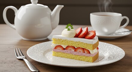 Slice of Strawberry Layer Cake with Fresh Cream and Berries Served with Hot Tea