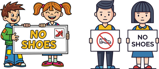 Kids holding no shoes sign, footwear restriction, school rule illustration, hygiene awareness, cartoon children, safety education concept, classroom manners poster