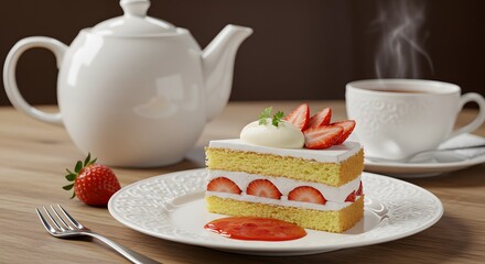 Delicious Slice of Strawberry Shortcake with Fresh Strawberries and Cream Served with Hot Tea on a Wooden Table