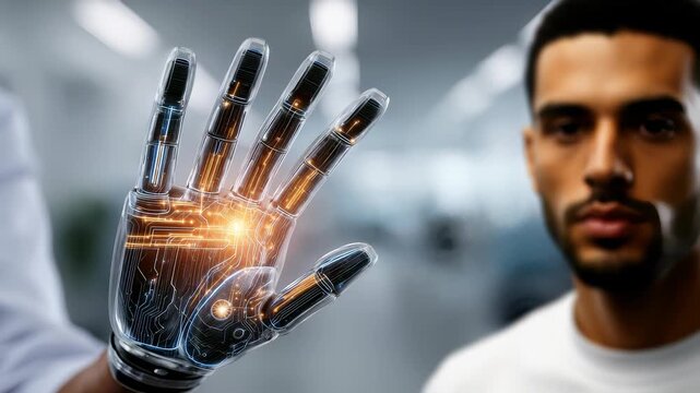 Close up high tech robotic hand showcases intricate electronic circuits, glowing lights, representing future robotics. Blurred office background emphasizes blend technology, business