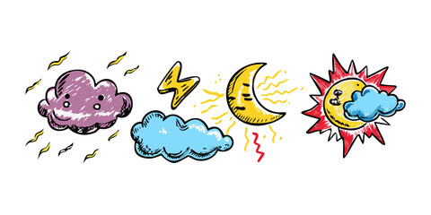 Cartoon weather icons with sun moon and clouds comic