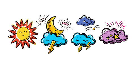 Cartoon weather icons sun moon clouds lightning stars