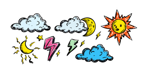 Cartoon weather icons with sun moon clouds and lightning