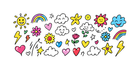 Cheerful cartoon icons with suns clouds hearts and rainbows