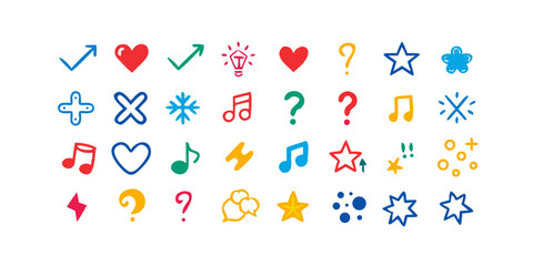 Collection of colorful hand-drawn icons on a white background