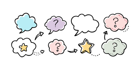 Colorful cartoon speech bubbles and stars with question marks