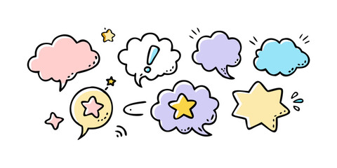 Colorful cartoon speech bubbles and stars with transparent background