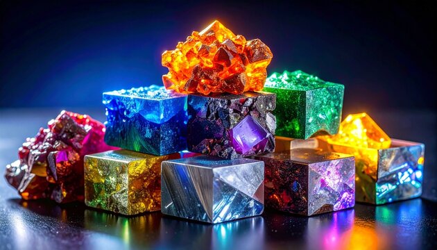 Colorful Crystals and Mineral Formations Displayed on Reflective Surface Against Dark Background Symbolizing Geological Beauty Chromatic Harmony and Editorial Styling for Lifestyle and Decorative Use