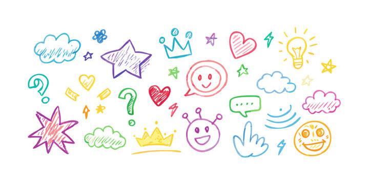 Colorful crayon doodle icons with transparent background